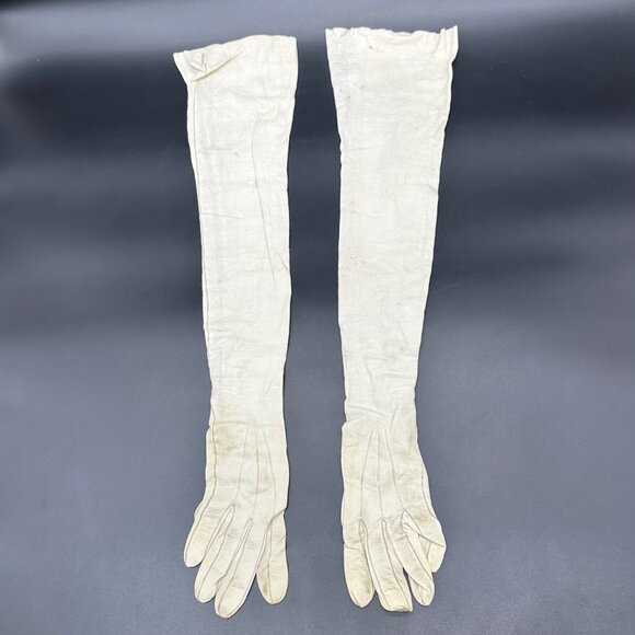 Antique Victorian Kid Leather Opera Gloves Long White Snaps Formal Wedding As Is - Picture 2 of 16